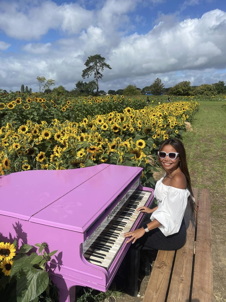 woman sat in front of a pink piano in the middle of the sunflower field.